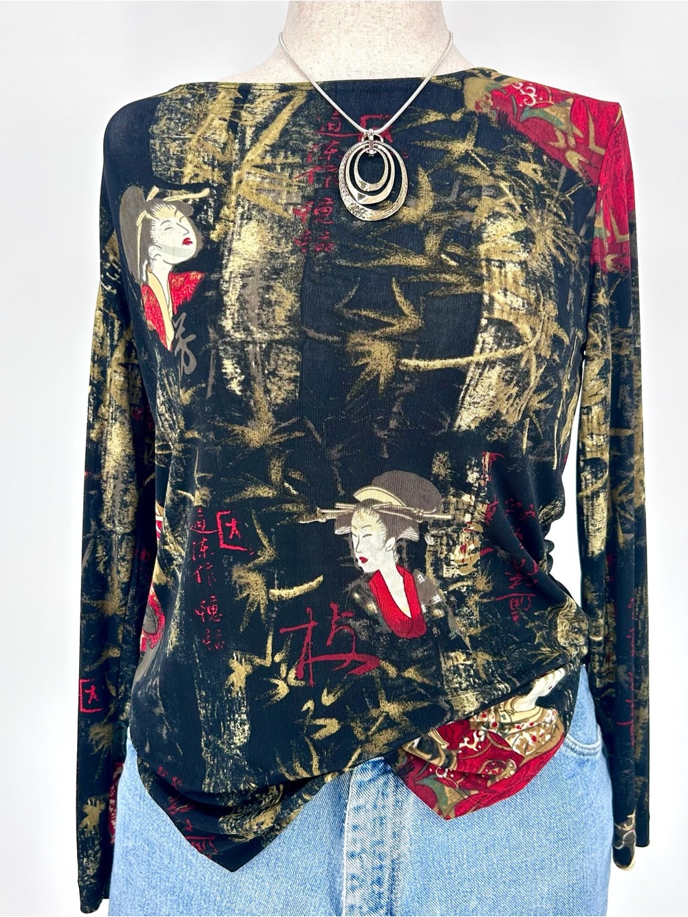 Y2K Geisha Long Sleeve Top Asian Inspired Stretch Top